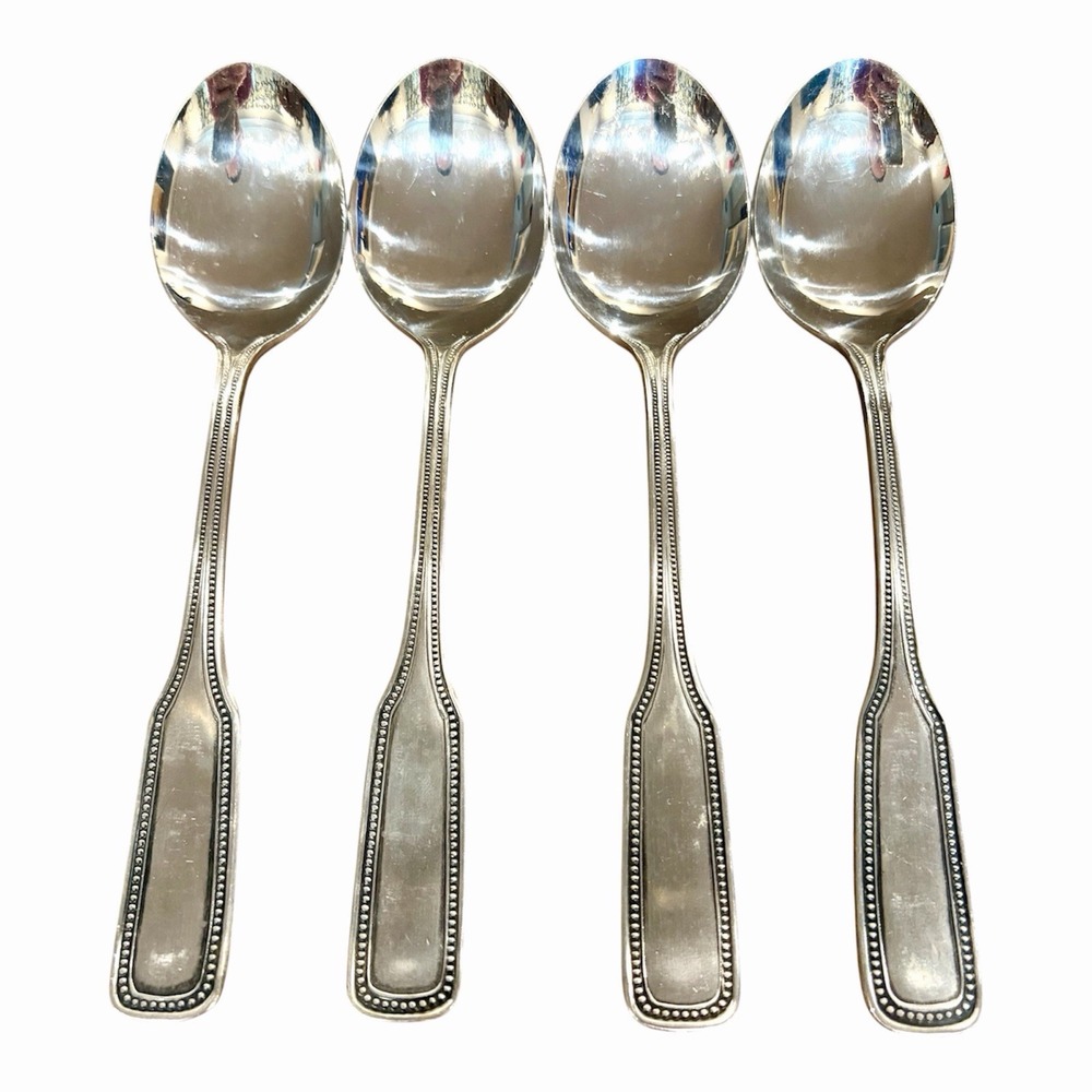 Salem 1776 Stainless SET OF 4 Oval Soup Spoons Beaded Edge Flatware Vintage 70s